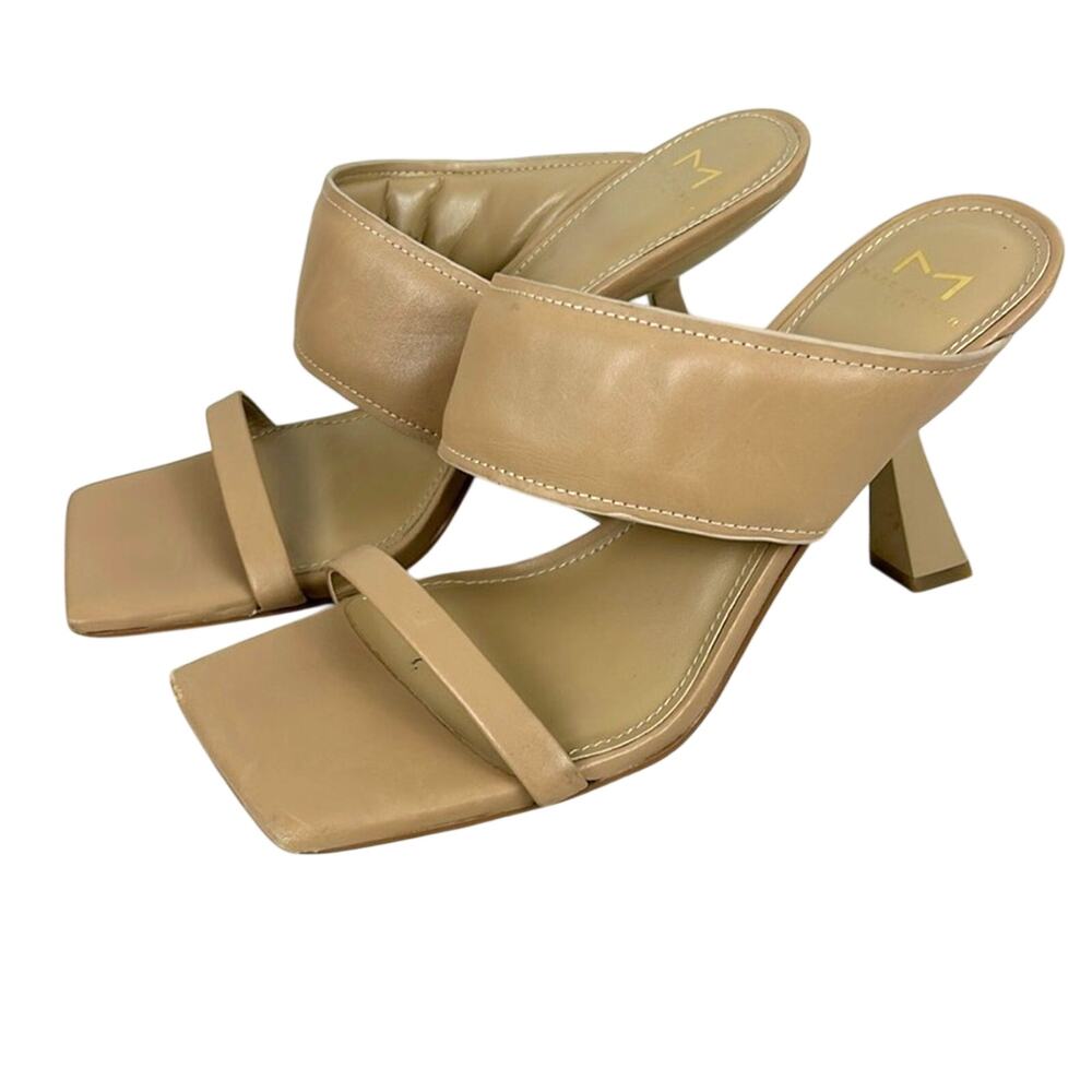 Marc Fisher Womens 8.5 Tan Leather Square Toe Heeled Slip On Summer Sandals NEW